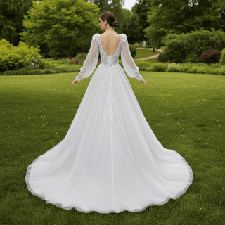 Deep V-Neck A-Line Puff Bishop Sleeves Wedding Dress with 3D Floral Lace Appliqués - Rosymae
