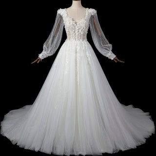 Deep V-Neck A-Line Puff Bishop Sleeves Wedding Dress with 3D Floral Lace Appliqués - Rosymae