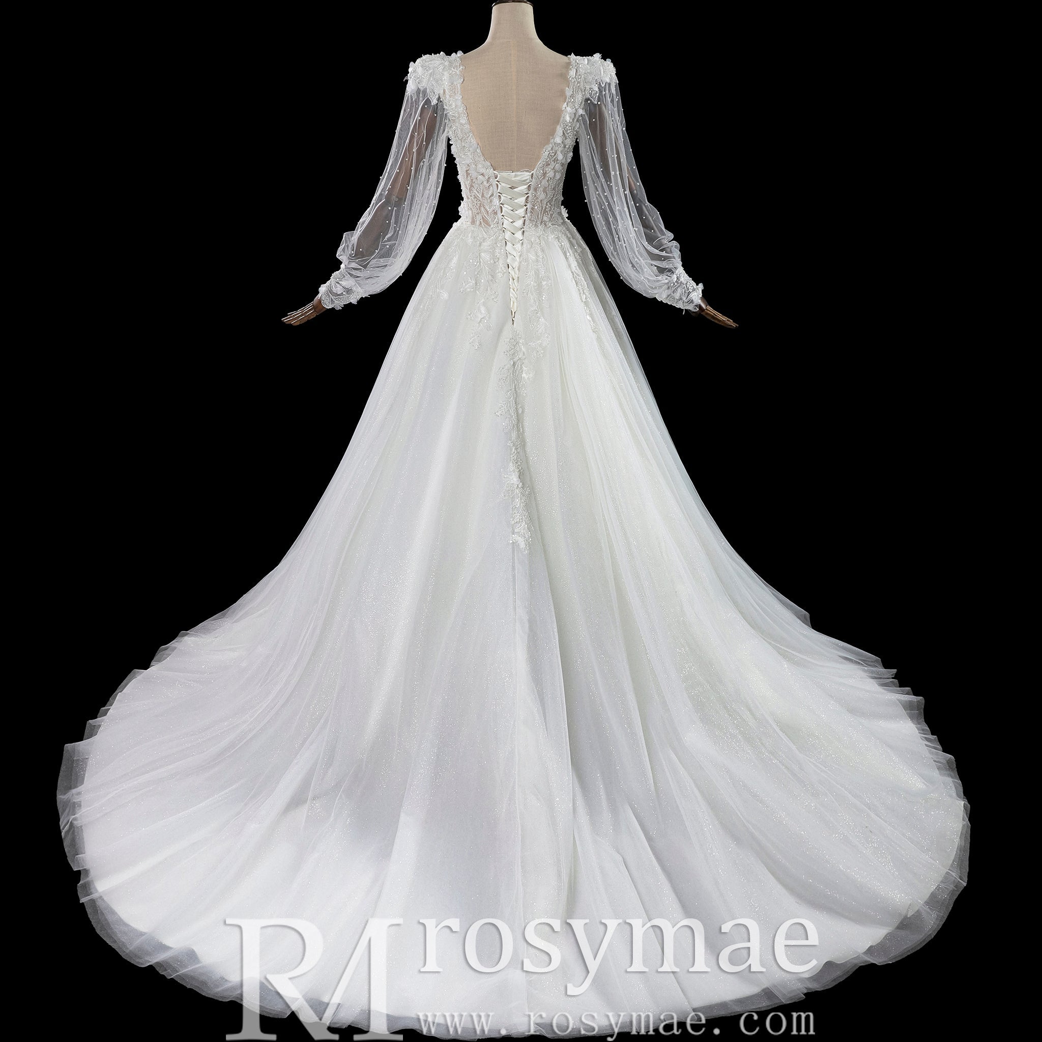 Deep V-Neck A-Line Puff Bishop Sleeves Wedding Dress with 3D Floral Lace Appliqués - Rosymae