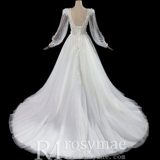 Deep V-Neck A-Line Puff Bishop Sleeves Wedding Dress with 3D Floral Lace Appliqués - Rosymae