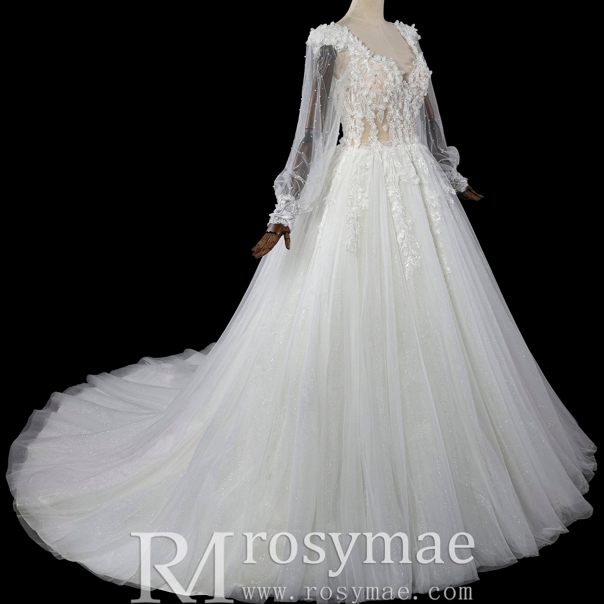 Deep V-Neck A-Line Puff Bishop Sleeves Wedding Dress with 3D Floral Lace Appliqués - Rosymae