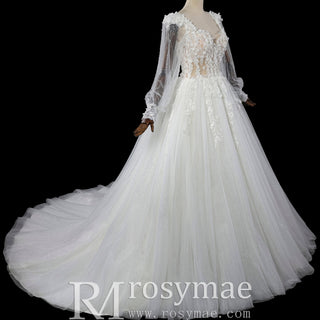 Deep V-Neck A-Line Puff Bishop Sleeves Wedding Dress with 3D Floral Lace Appliqués - Rosymae