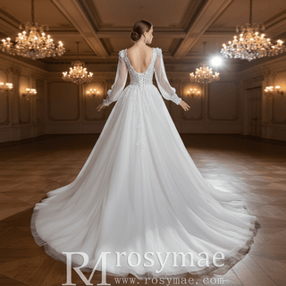 Deep V-Neck A-Line Puff Bishop Sleeves Wedding Dress with 3D Floral Lace Appliqués - Rosymae