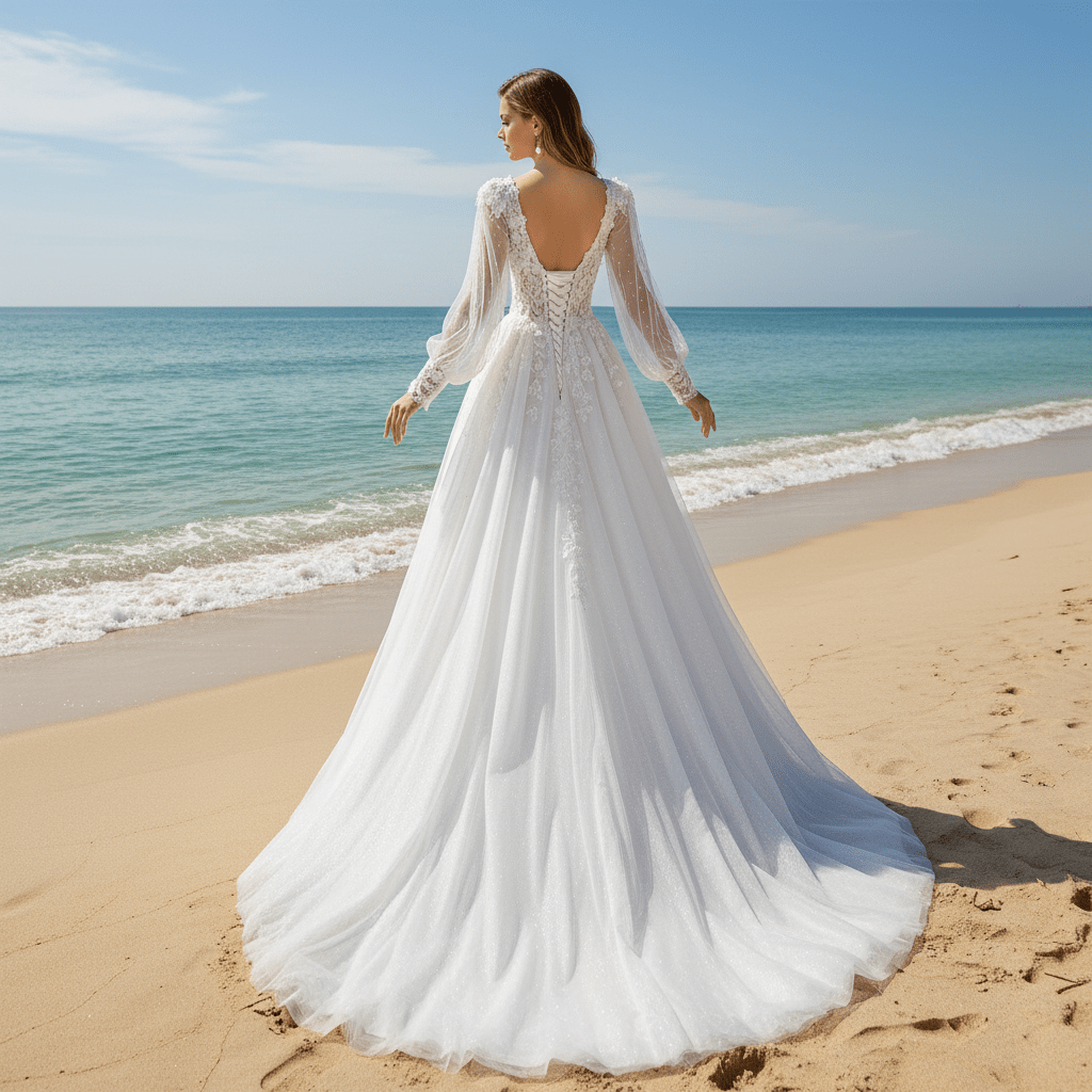 Deep V-Neck A-Line Puff Bishop Sleeves Wedding Dress with 3D Floral Lace Appliqués - Rosymae