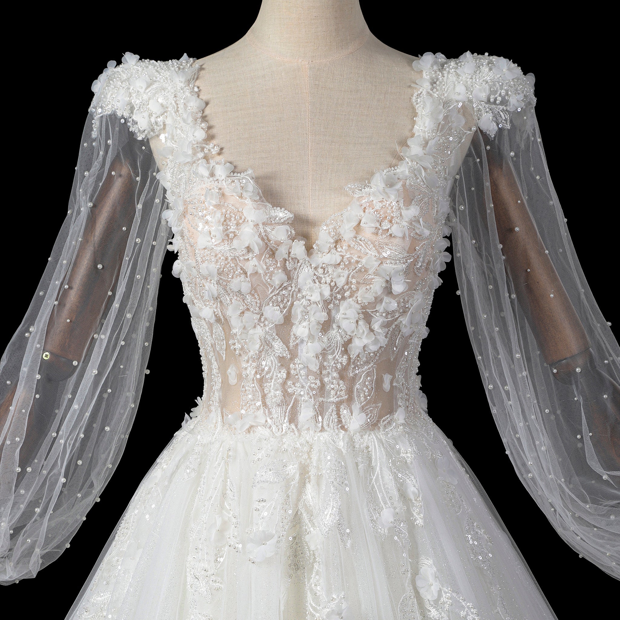 Deep V-Neck A-Line Puff Bishop Sleeves Wedding Dress with 3D Floral Lace Appliqués - Rosymae