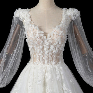 Deep V-Neck A-Line Puff Bishop Sleeves Wedding Dress with 3D Floral Lace Appliqués - Rosymae