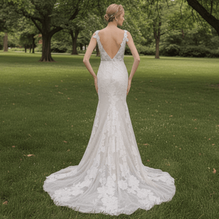Deep V Neck Fit and Flare Wedding Dress With Open Back - Rosymae