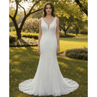Deep V-Neck Glitter Lace Mermaid Wedding Dresses with Open Back - Rosymae