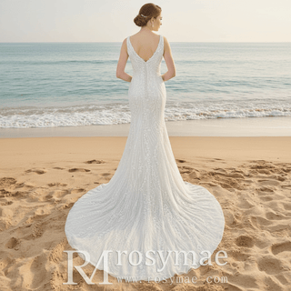 Deep V-Neck Glitter Lace Mermaid Wedding Dresses with Open Back - Rosymae