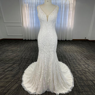 Deep V-Neck Glitter Lace Mermaid Wedding Dresses with Open Back - Rosymae