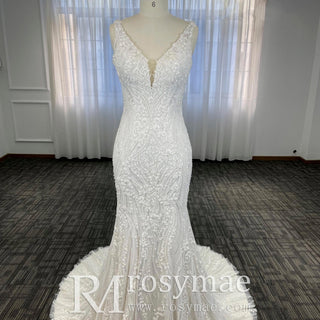 Deep V-Neck Glitter Lace Mermaid Wedding Dresses with Open Back - Rosymae