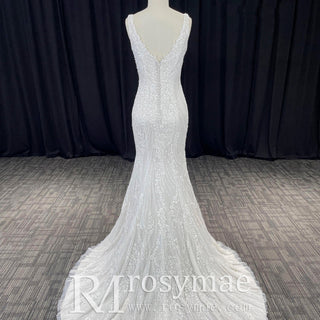 Deep V-Neck Glitter Lace Mermaid Wedding Dresses with Open Back - Rosymae