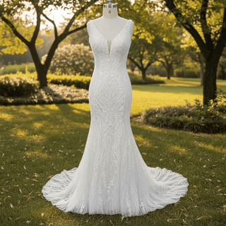 Deep V-Neck Glitter Lace Mermaid Wedding Dresses with Open Back - Rosymae