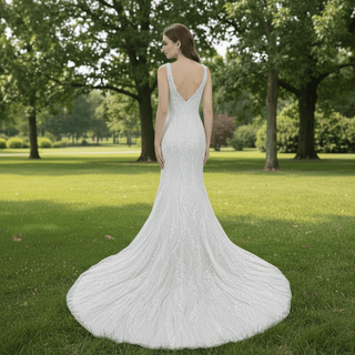 Deep V-Neck Glitter Lace Mermaid Wedding Dresses with Open Back - Rosymae