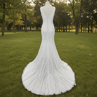 Deep V-Neck Glitter Lace Mermaid Wedding Dresses with Open Back - Rosymae