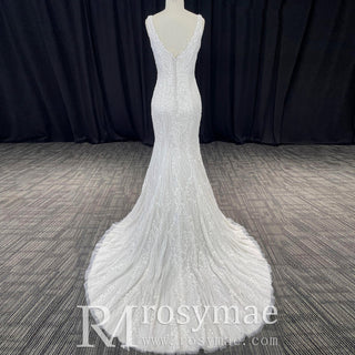 Deep V-Neck Glitter Lace Mermaid Wedding Dresses with Open Back - Rosymae