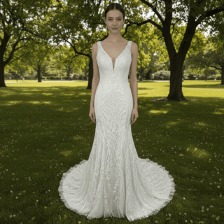 Deep V-Neck Glitter Lace Mermaid Wedding Dresses with Open Back - Rosymae