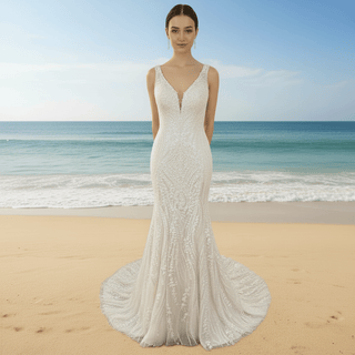 Deep V-Neck Glitter Lace Mermaid Wedding Dresses with Open Back - Rosymae