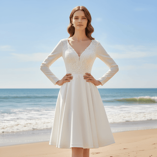 Deep V-neck Informal Long Sleeve Country Knee Length Wedding Dress - Rosymae