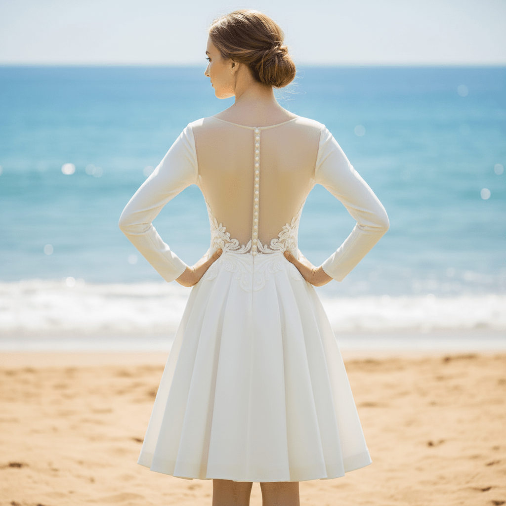 Deep V-neck Informal Long Sleeve Country Knee Length Wedding Dress - Rosymae