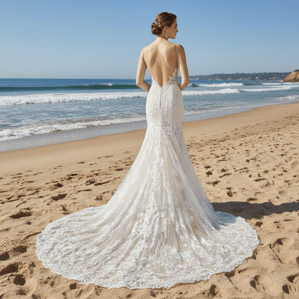 Deep V Neck Lace Mermaid Wedding Dress with Open Back and Chapel Train - Rosymae