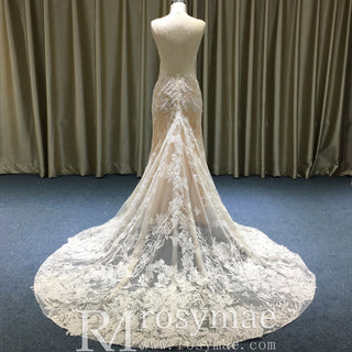 Deep V Neck Lace Mermaid Wedding Dress with Open Back and Chapel Train - Rosymae