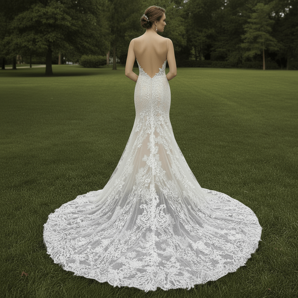 Deep V Neck Lace Mermaid Wedding Dress with Open Back and Chapel Train - Rosymae
