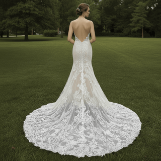 Deep V Neck Lace Mermaid Wedding Dress with Open Back and Chapel Train - Rosymae