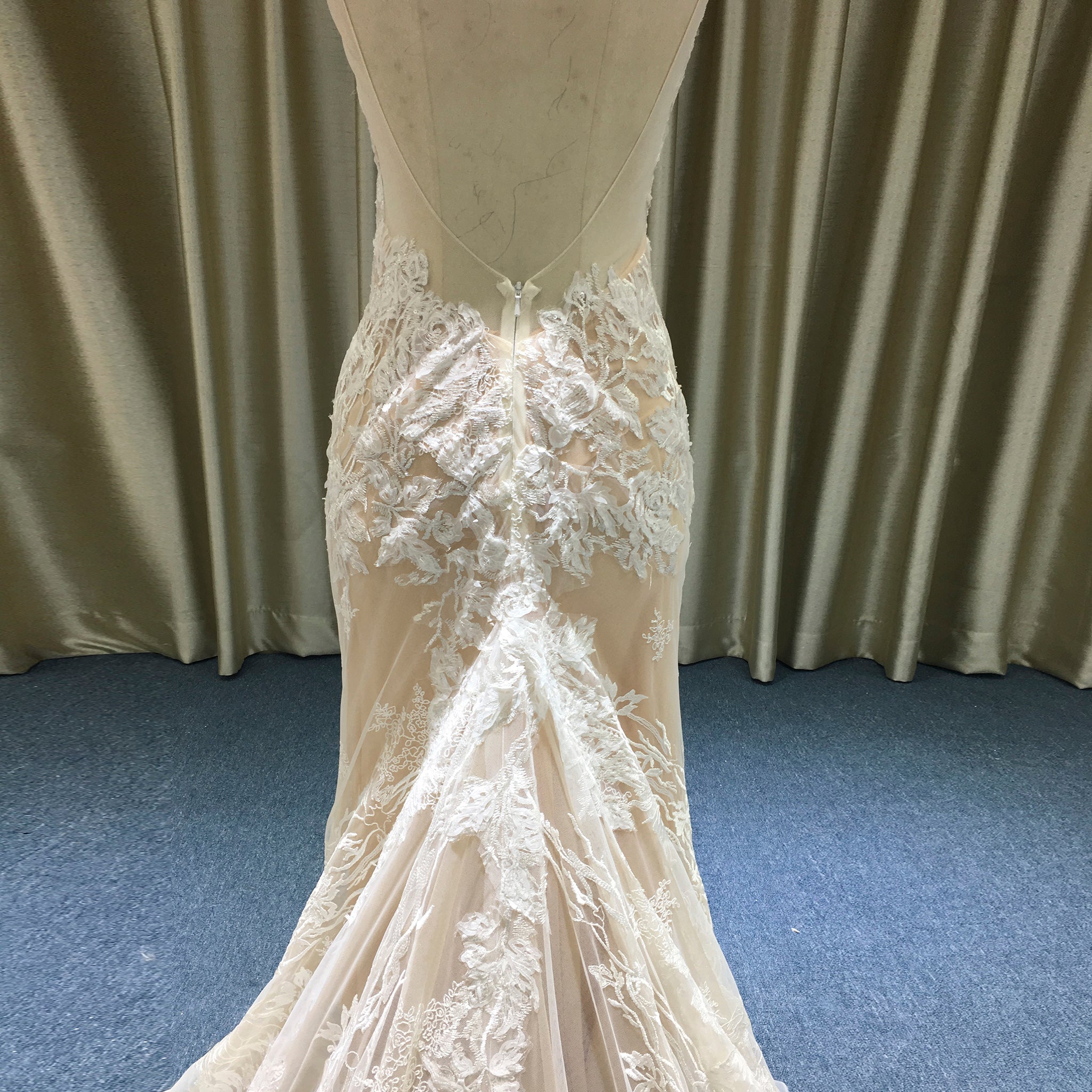 Deep V Neck Lace Mermaid Wedding Dress with Open Back and Chapel Train - Rosymae