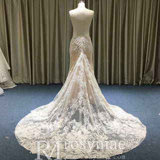 Deep V Neck Lace Mermaid Wedding Dress with Open Back and Chapel Train - Rosymae