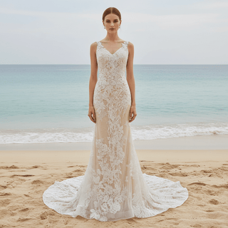Deep V Neck Lace Mermaid Wedding Dress with Open Back and Chapel Train - Rosymae