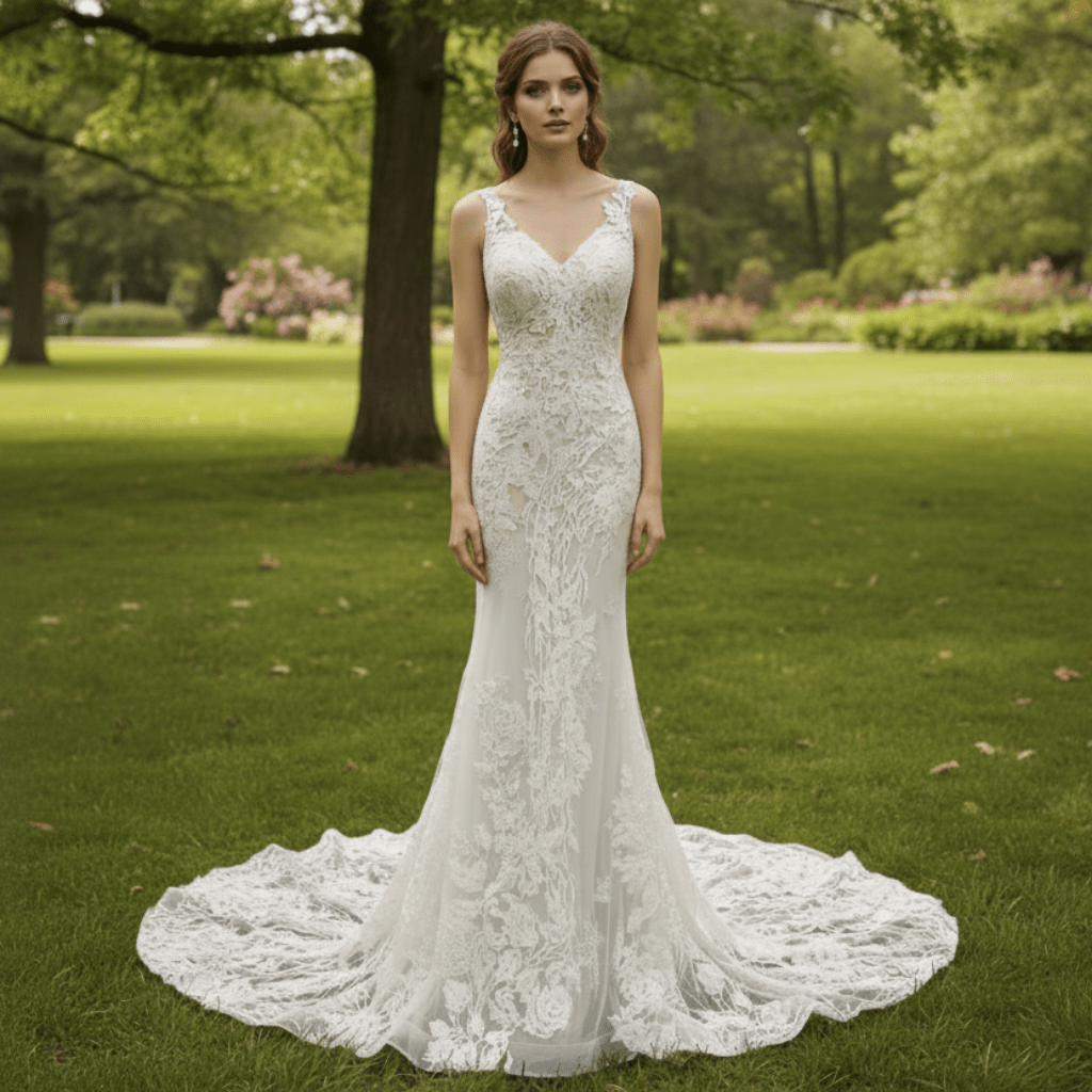 Deep V Neck Lace Mermaid Wedding Dress with Open Back and Chapel Train - Rosymae