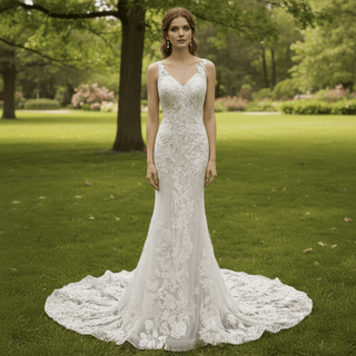 Deep V Neck Lace Mermaid Wedding Dress with Open Back and Chapel Train - Rosymae