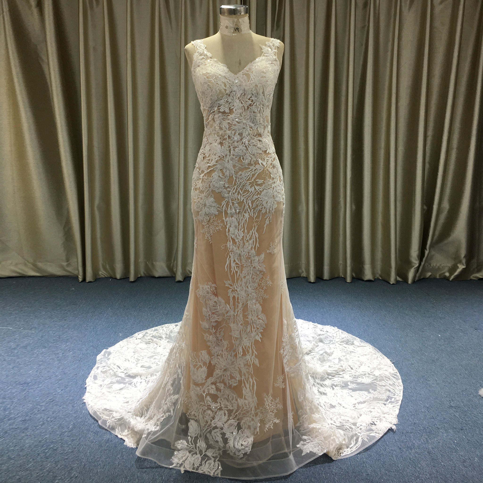 Deep V Neck Lace Mermaid Wedding Dress with Open Back and Chapel Train - Rosymae