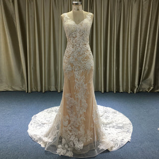 Deep V Neck Lace Mermaid Wedding Dress with Open Back and Chapel Train - Rosymae