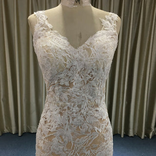 Deep V Neck Lace Mermaid Wedding Dress with Open Back and Chapel Train - Rosymae