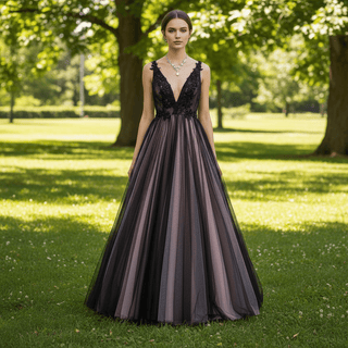 Deep V Neck Pink and Black Formal Dresses Prom Party Gowns – Rosymae