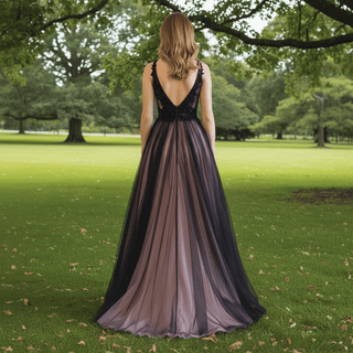 Deep V Neck Pink and Black Formal Dresses Prom Party Gowns - Rosymae