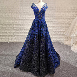 Deep V-neck Royal Blue and Black Lace Prom Dress with Cap Sleeve - Rosymae
