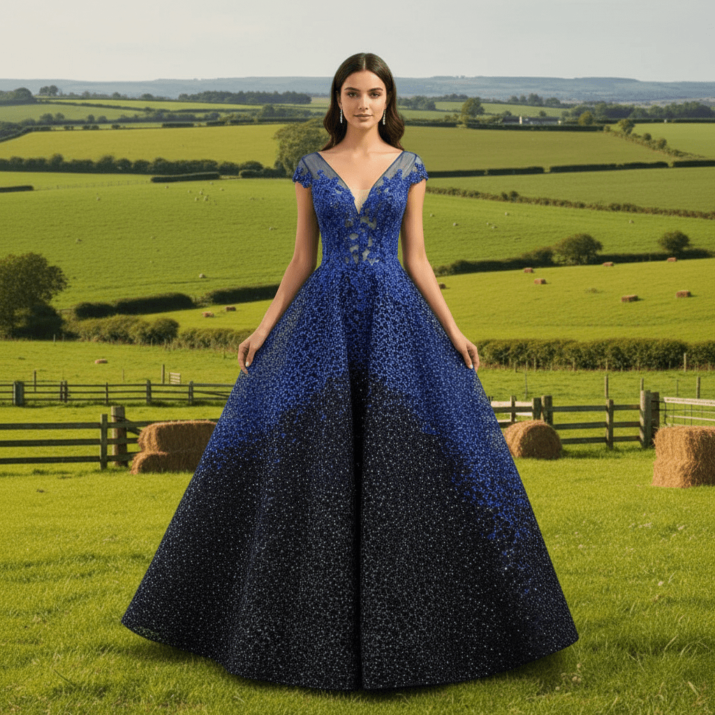 Deep V-neck Royal Blue and Black Lace Prom Dress with Cap Sleeve Royal Blue / 22W