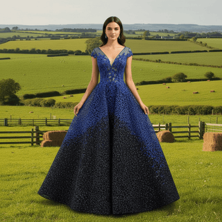 Deep V-neck Royal Blue and Black Lace Prom Dress with Cap Sleeve - Rosymae