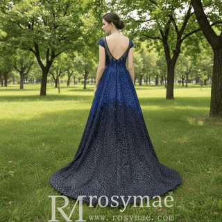 Deep V-neck Royal Blue and Black Lace Prom Dress with Cap Sleeve - Rosymae