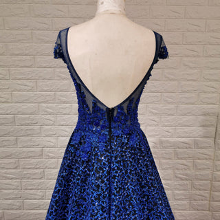 Deep V-neck Royal Blue and Black Lace Prom Dress with Cap Sleeve - Rosymae