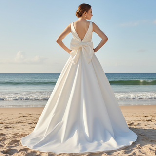 Floor Length Wedding Dress with Double V-Neck Bowknot Back