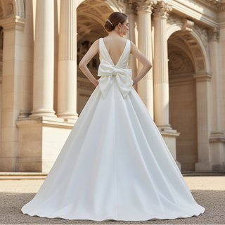 Floor Length Wedding Dress with Double V-Neck Bowknot Back
