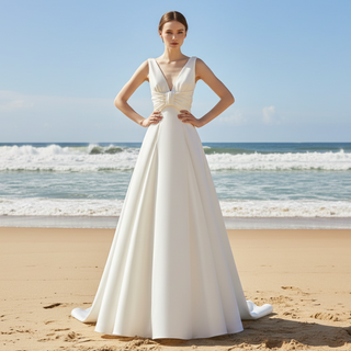 Floor Length Wedding Dress with Double V-Neck Bowknot Back