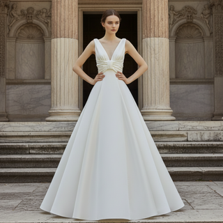 Floor Length Wedding Dress with Double V-Neck Bowknot Back