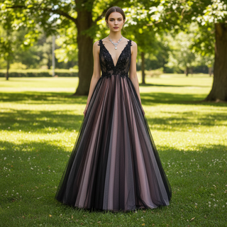 Deep V Neck Pink and Black Formal Dresses Prom Party Gowns
