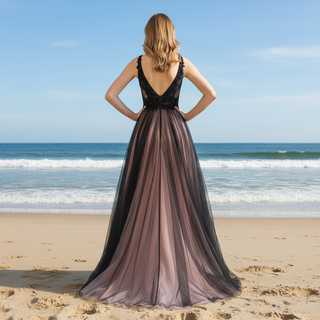 Deep V Neck Pink and Black Formal Dresses Prom Party Gowns