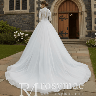 Deep V & Plunge Neckline Wedding Dress with Long Sleeve - Rosymae
